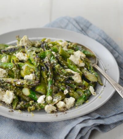 grilled asparagus salad with lemon and feta onceuponachef.com