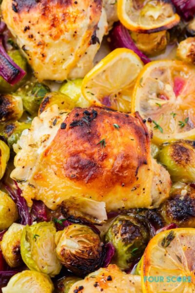 sheet pan chicken with brussels sprouts fourscoreliving.com