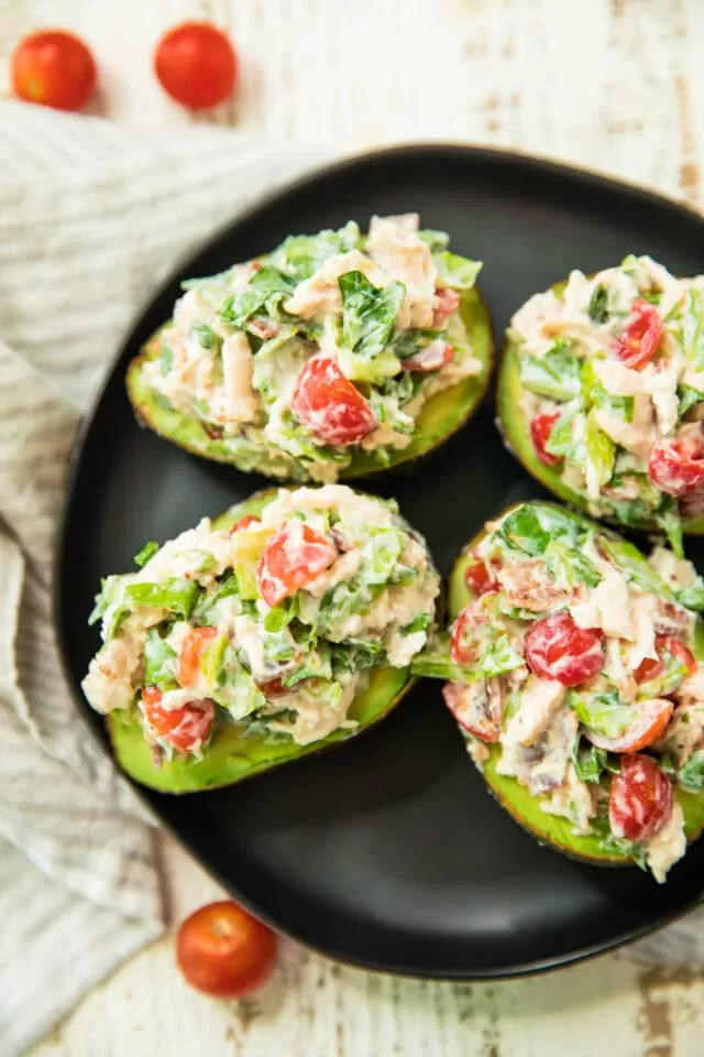 blt chicken salad stuffed avocados